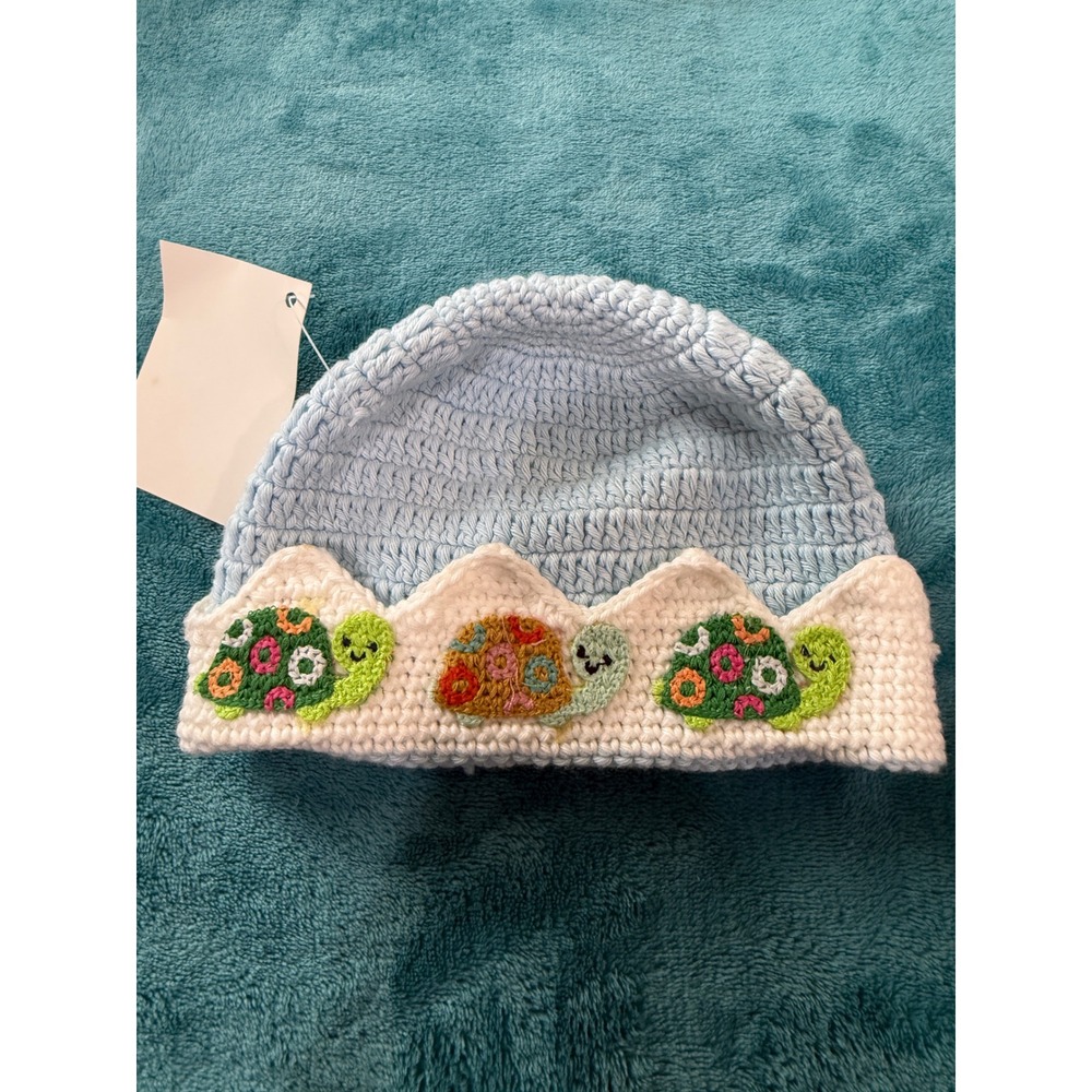 Handmade Crochet Baby‎ Beanie Light Blue Sea Turtle Scalloped Knit Hat Infant